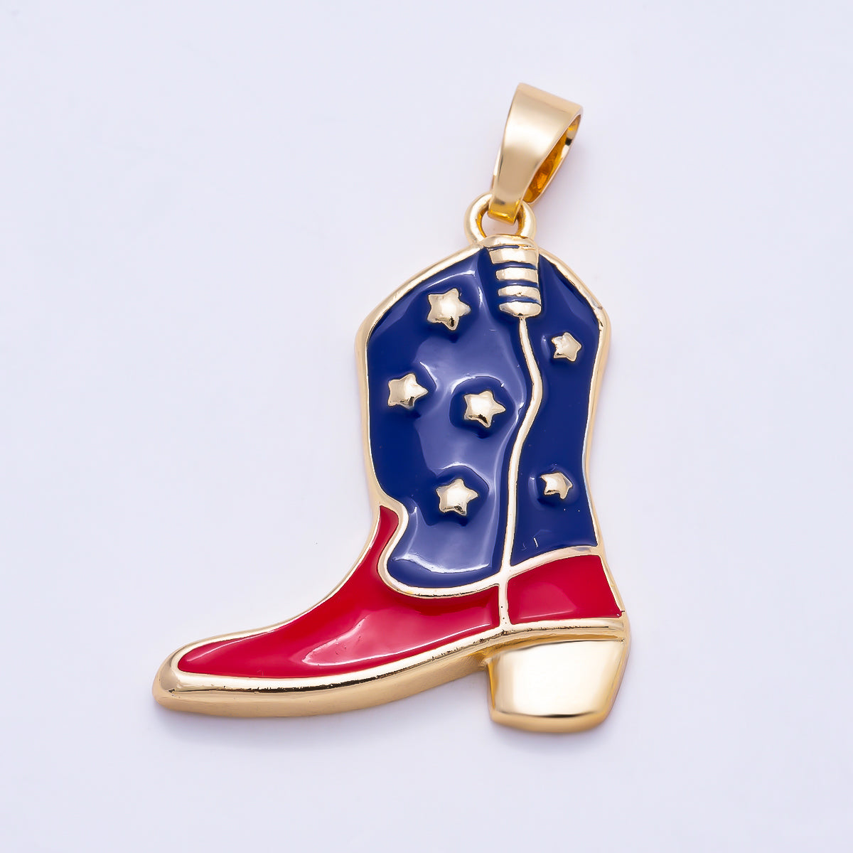 16K Gold Filled 28mm Red Blue Enamel July Fourth Western Cowboy Boot Pendant | Charms-02021