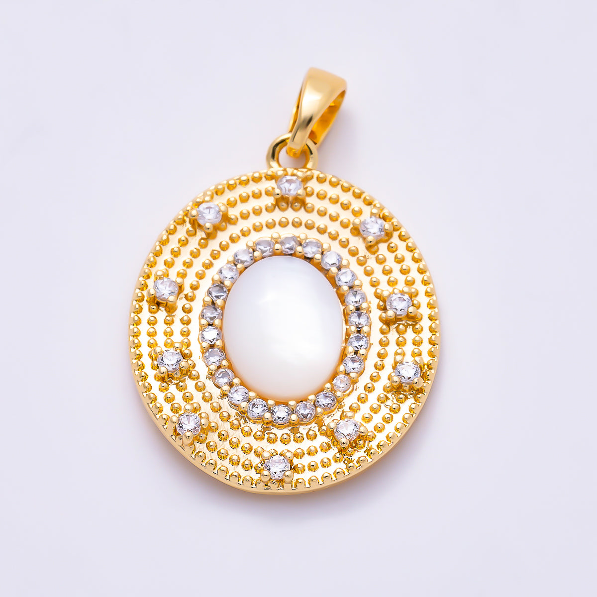 16K Gold Filled 23mm Clear CZ Beaded Oval Shell Pearl Medallion Pendant | Charms-02022