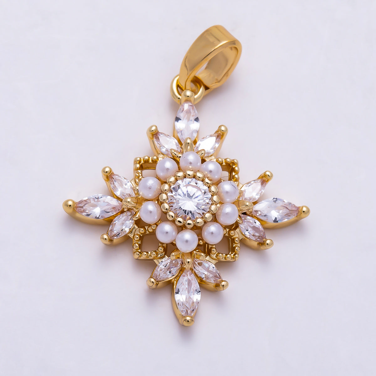 16K Gold Filled 21mm Shell Pearl Marquise CZ Snowflake Floral Pendant | Charms-02023