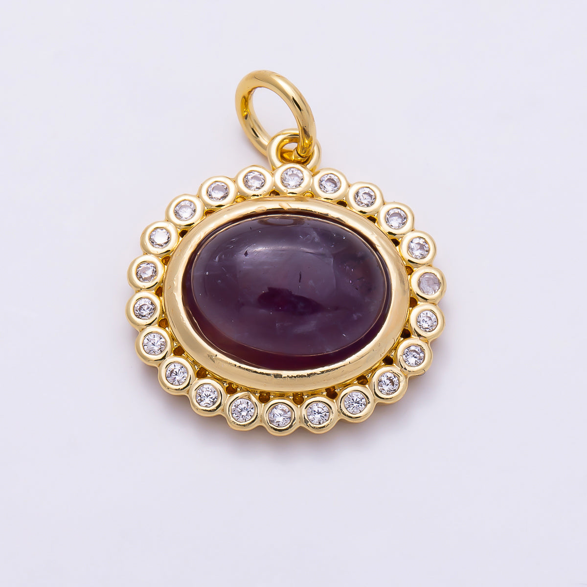 16K Gold Filled 15mm Clear CZ Amethyst Cabochon Gemstone Oval Bezel Charm | Charms-02024