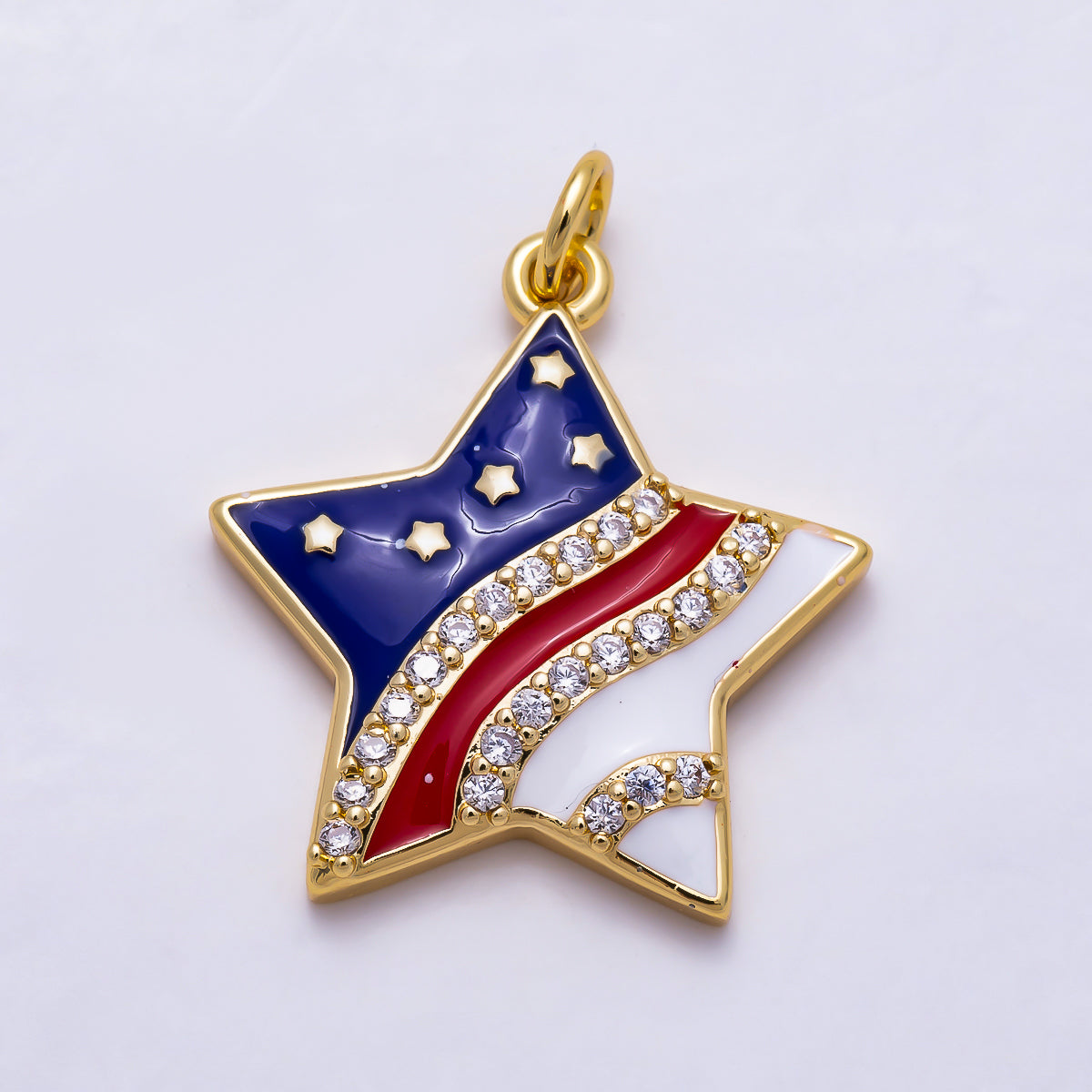 16K Gold Filled 22mm Micro Paved CZ Enamel American Flag Celestial Star Charm | Charms-02030