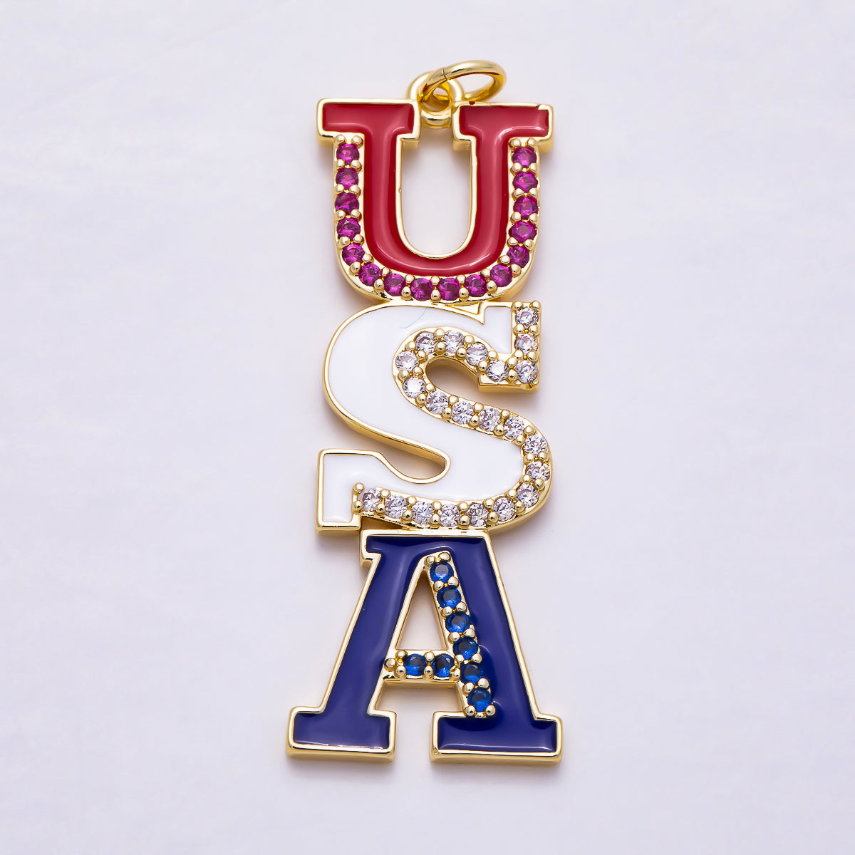 16K Gold Filled 40mm "USA" Multicolor Micro Paved CZ Enamel Script Charm | Charms-02031