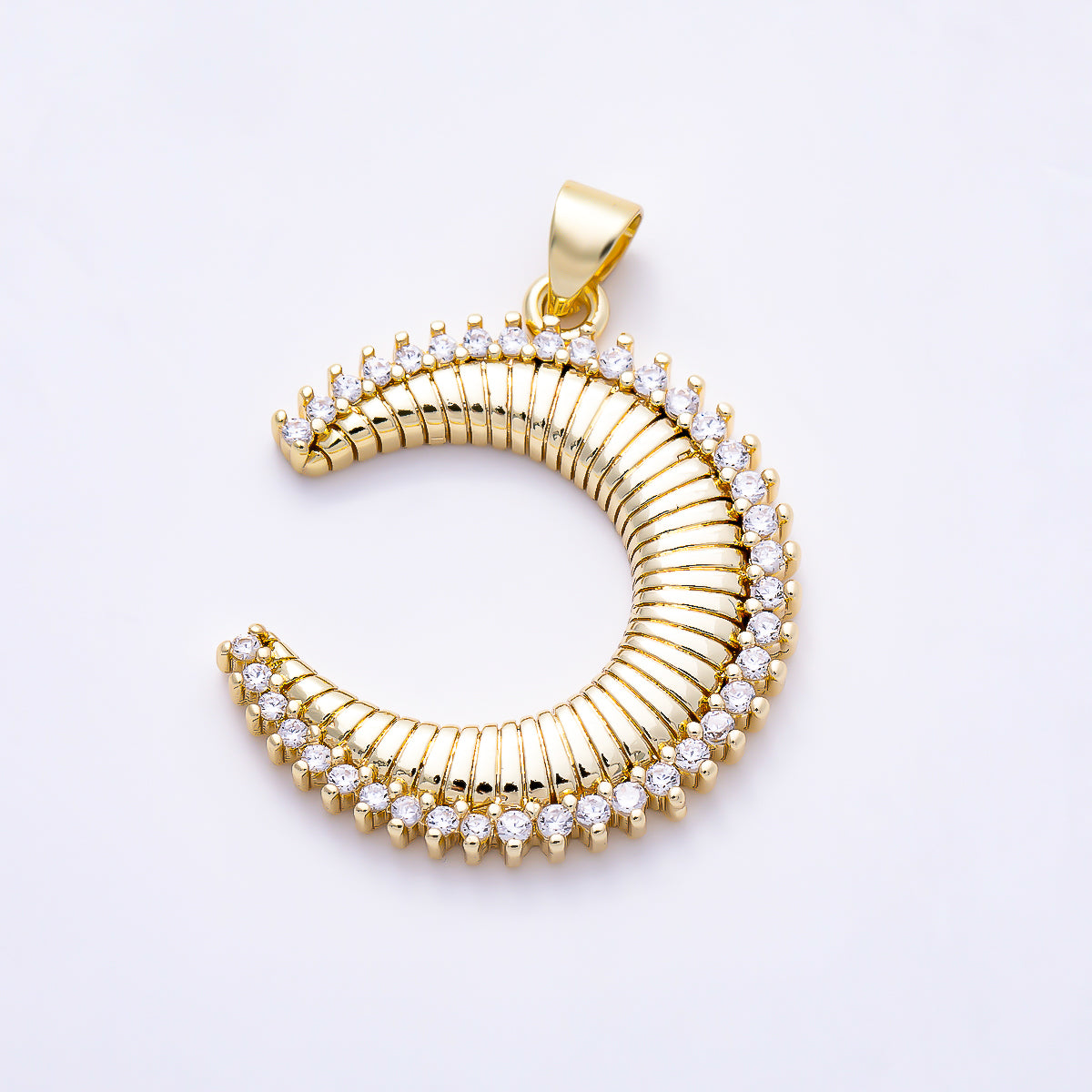 16K Gold Filled 28mm Micro Paved CZ Ribbed Celestial Crescent Moon Pendant | Charms-02047