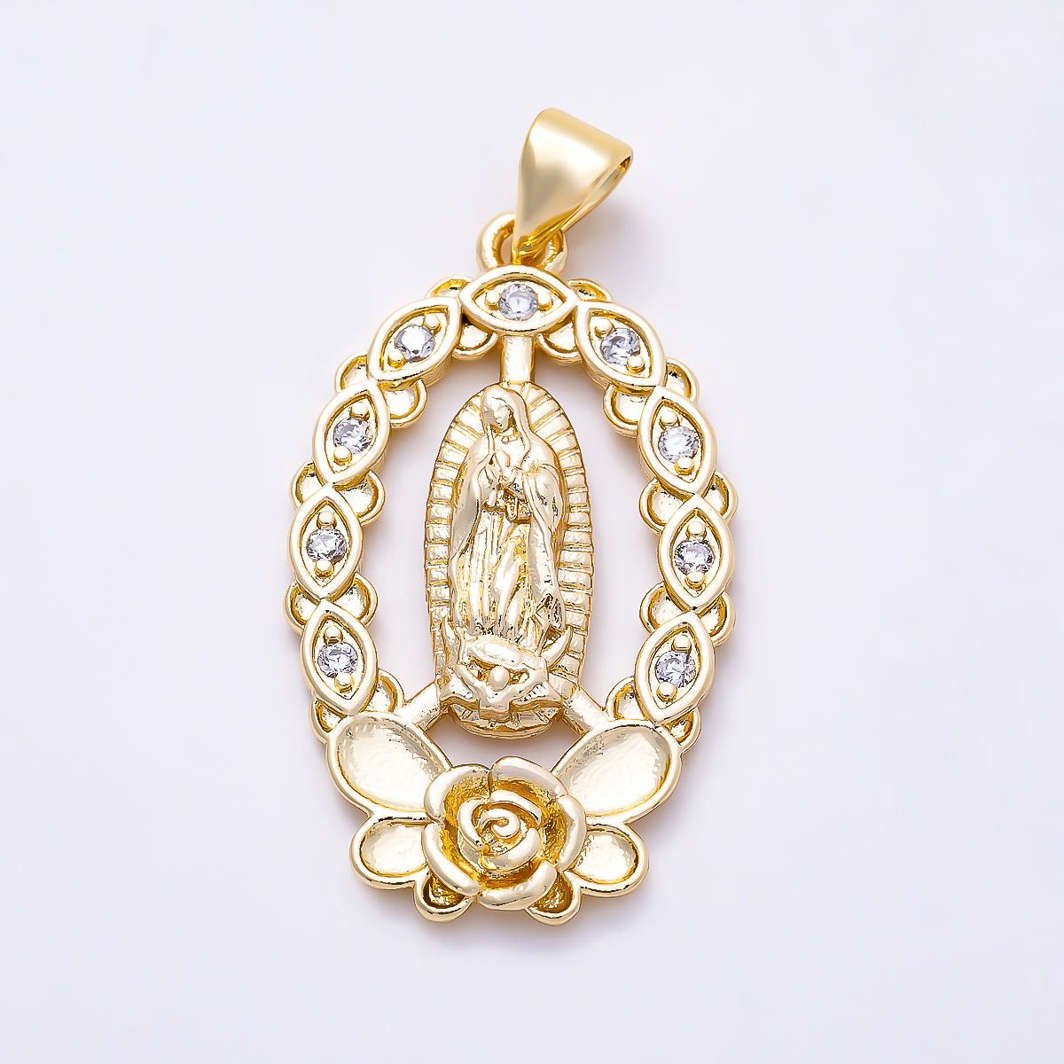 16K Gold Filled 29mm Beaded CZ Oval Rose Virgin Mary Guadalupe Religious Pendant | Charms-02048