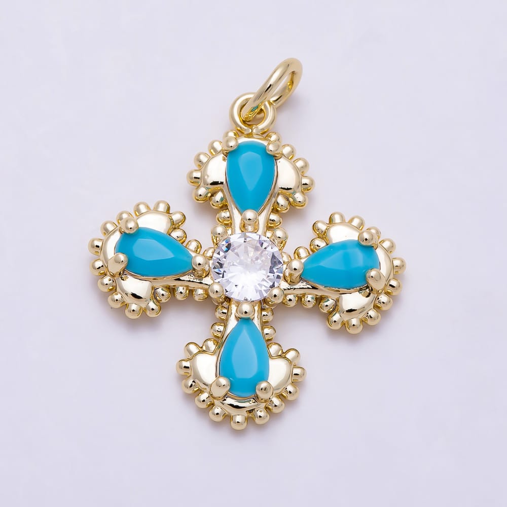 16K Gold Filled 22mm Teardrop Turquoise & Solitaire Clear CZ Vintage Cross Charm | Charms-02050 - Charms-02051