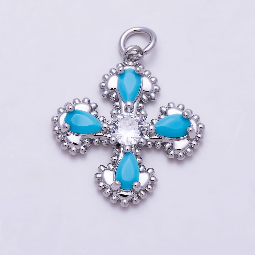 16K Gold Filled 22mm Teardrop Turquoise & Solitaire Clear CZ Vintage Cross Charm | Charms-02050 - Charms-02051