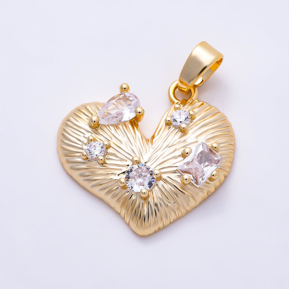 16K Gold Filled 18mm Multi-Cut Clear CZ Sunburst Textured Heart Pendant | Charms-02059