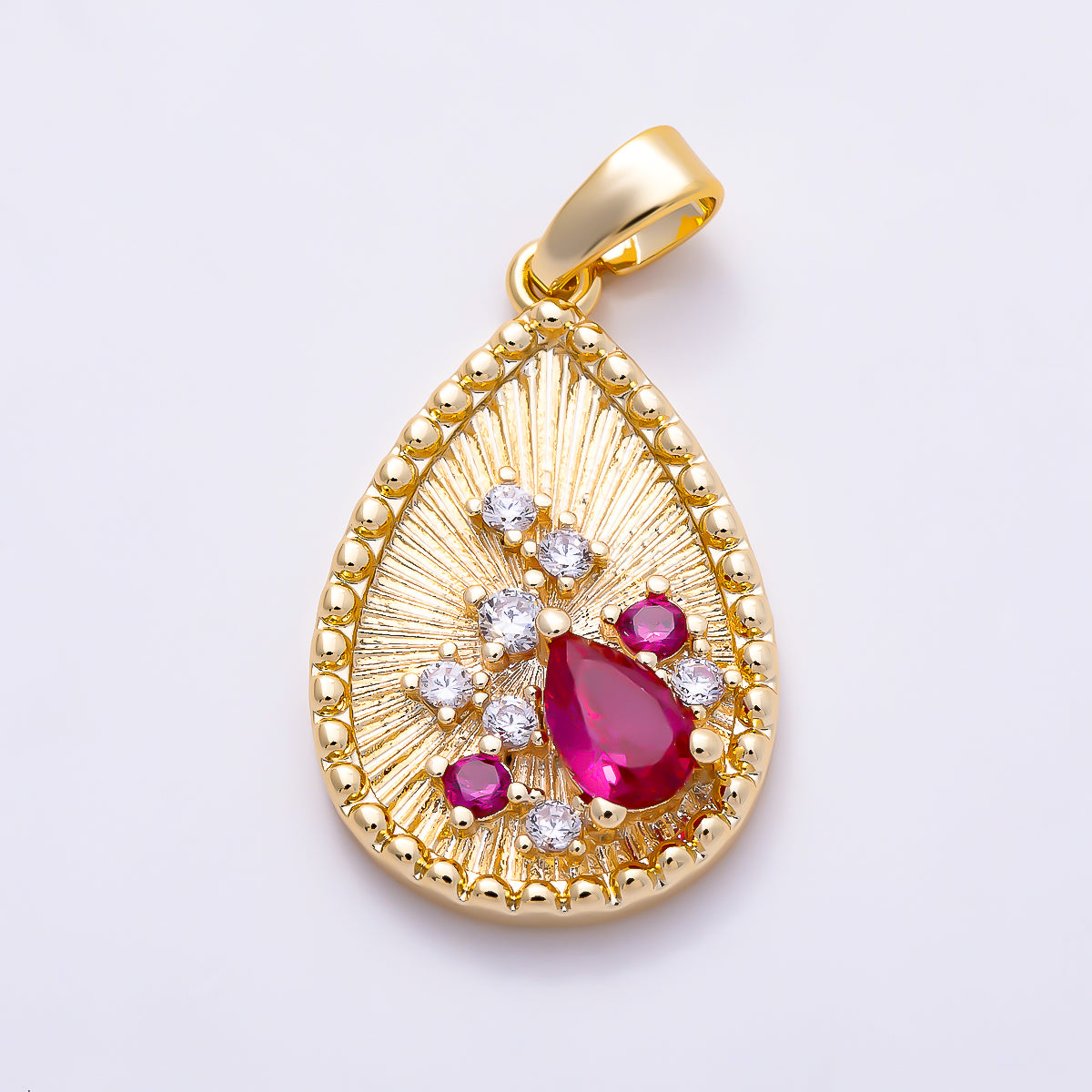 16K Gold Filled 21mm Cluster Fuchsia & Clear CZ Teardrop Sunburst Pendant | Charms-02060