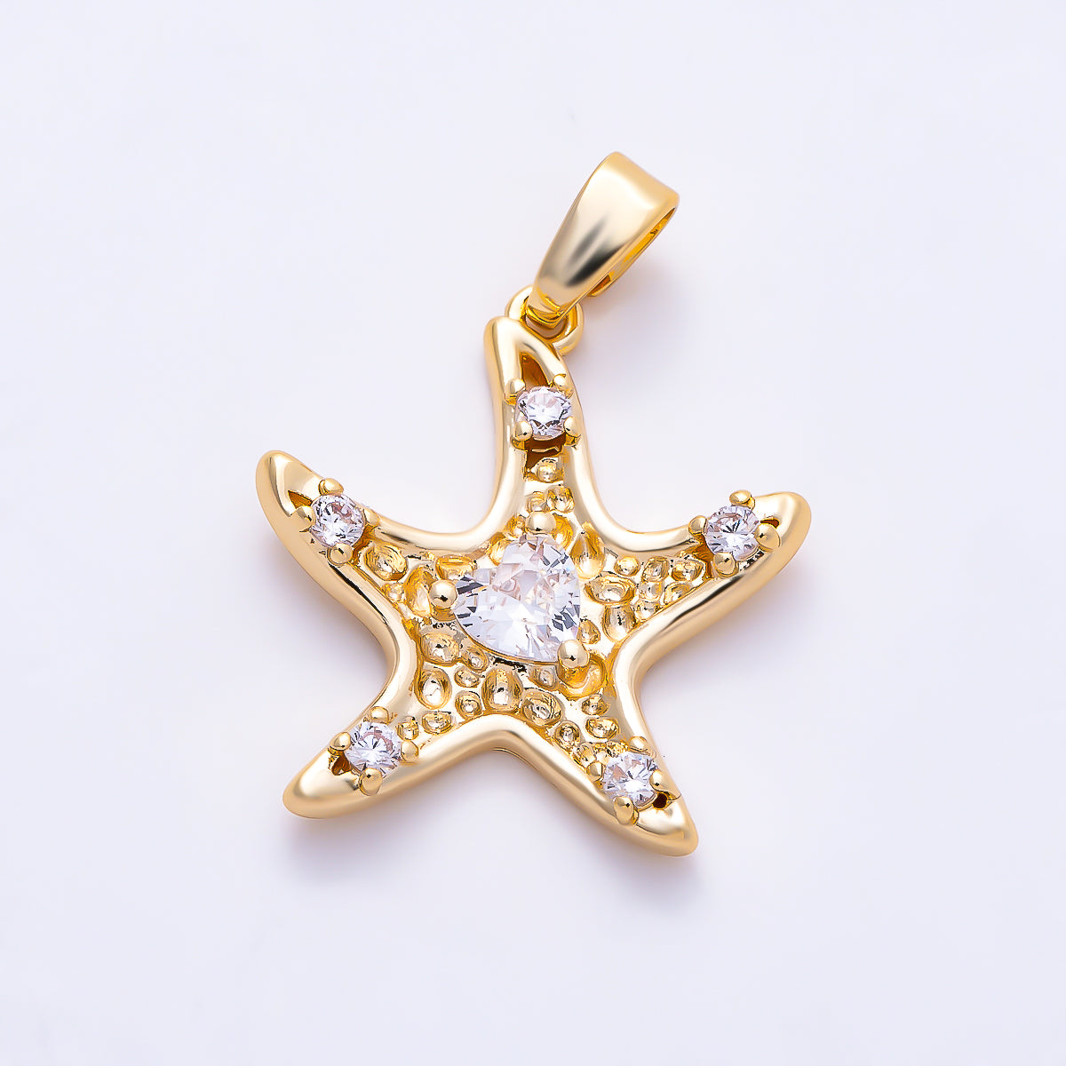 16K Gold Filled 19mm Clear CZ Textured Starfish Pendant | Charms-02061