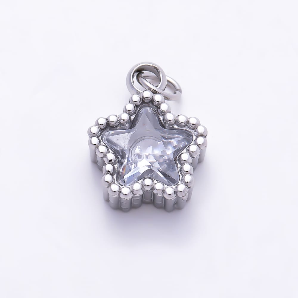 Stainless Steel PVD 11mm Star Cut Clear CZ Beaded Border Mini Celestial Charm in Gold & Silver | Charms-02062 - Charms-02063