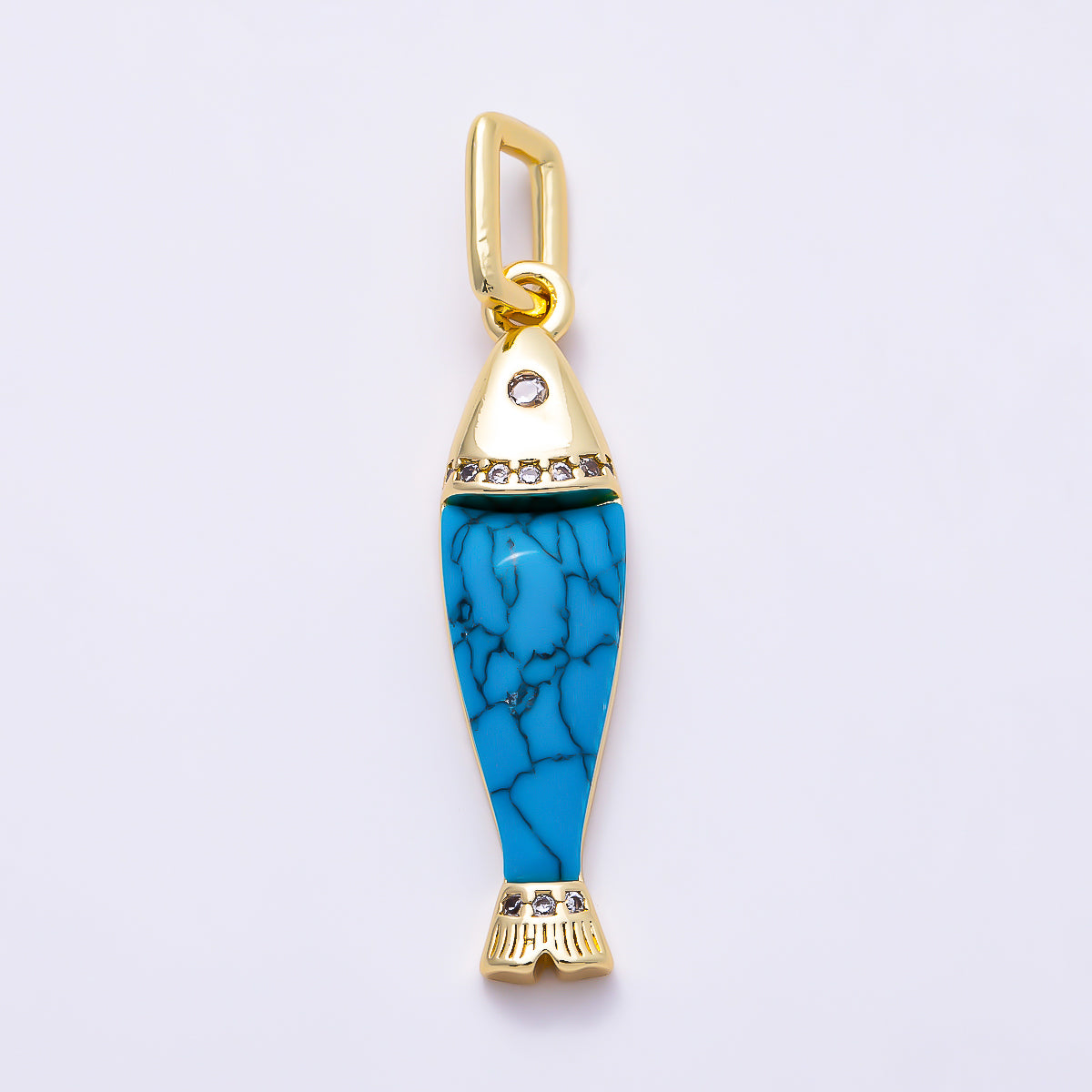 16K Gold Filled 32mm Clear CZ Turquoise and White Quartz Natural Gemstone Ocean Fish Pendant | Charms-02072 - Charms-02073