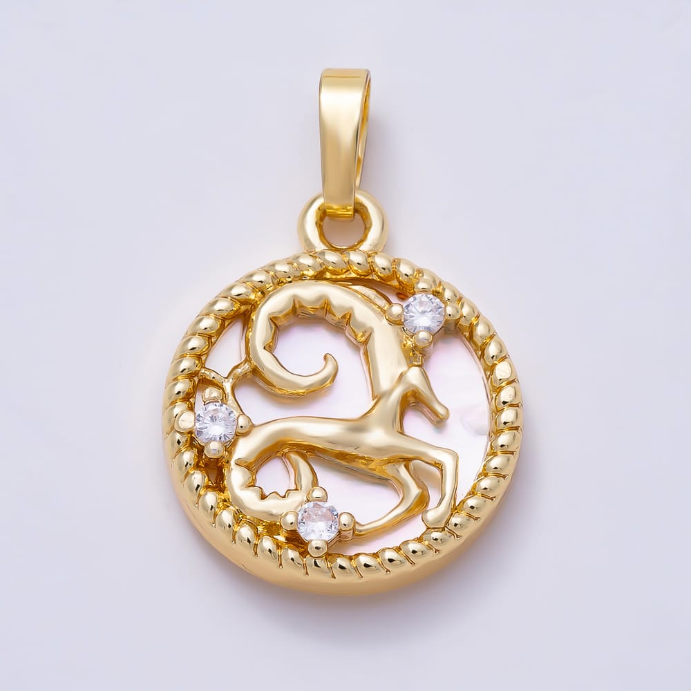 16K Gold Filled 19mm Clear CZ Mother of Pearl 12 Zodiac Sign Medallion Pendant | Charms-02079 - Charms-