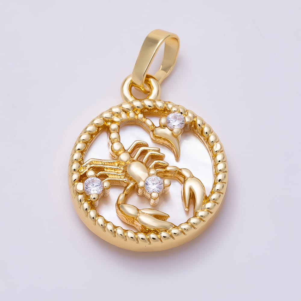 16K Gold Filled 19mm Clear CZ Mother of Pearl 12 Zodiac Sign Medallion Pendant | Charms-02079 - Charms-