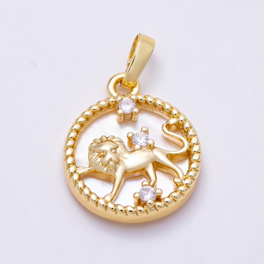 16K Gold Filled 19mm Clear CZ Mother of Pearl 12 Zodiac Sign Medallion Pendant | Charms-02079 - Charms-