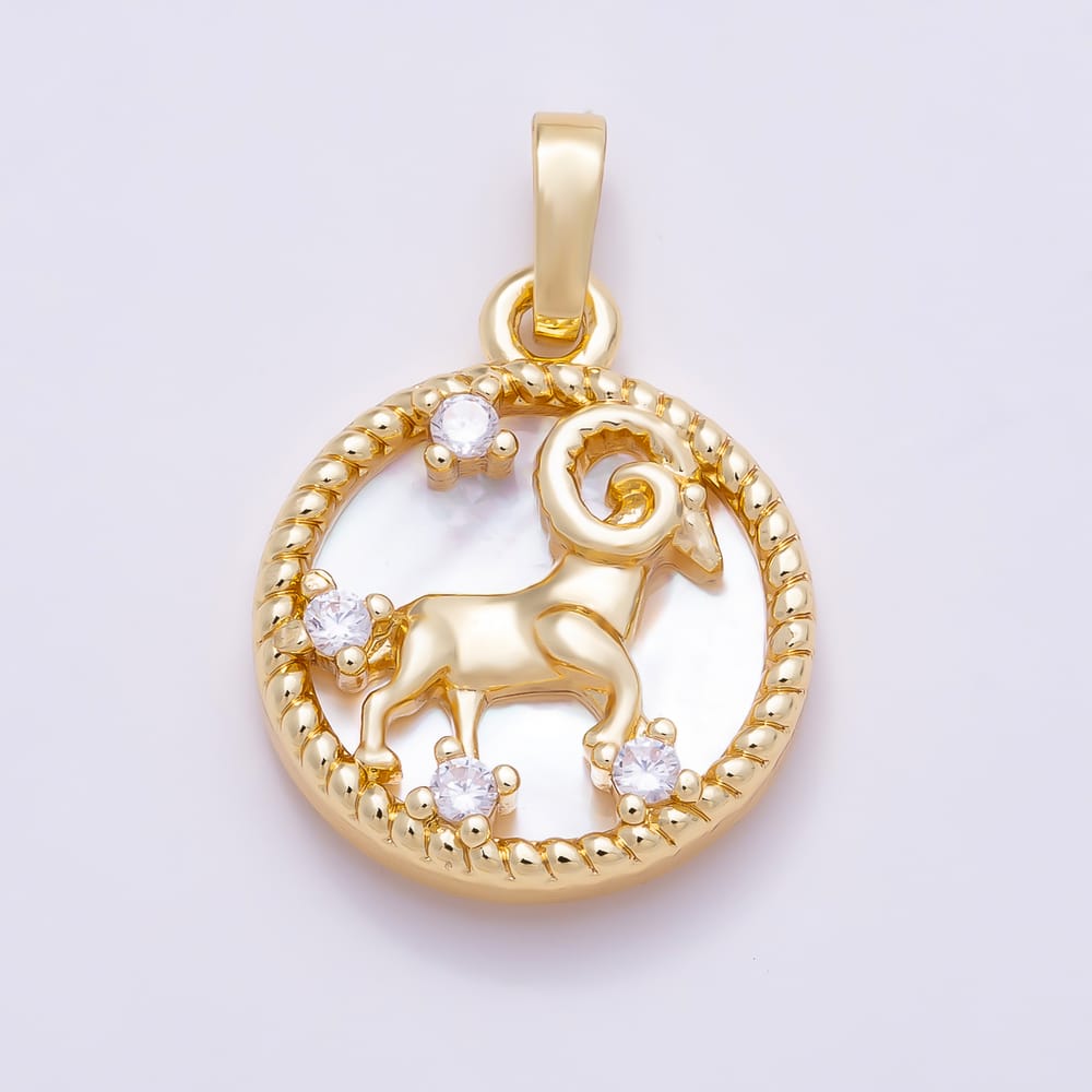 16K Gold Filled 19mm Clear CZ Mother of Pearl 12 Zodiac Sign Medallion Pendant | Charms-02079 - Charms-