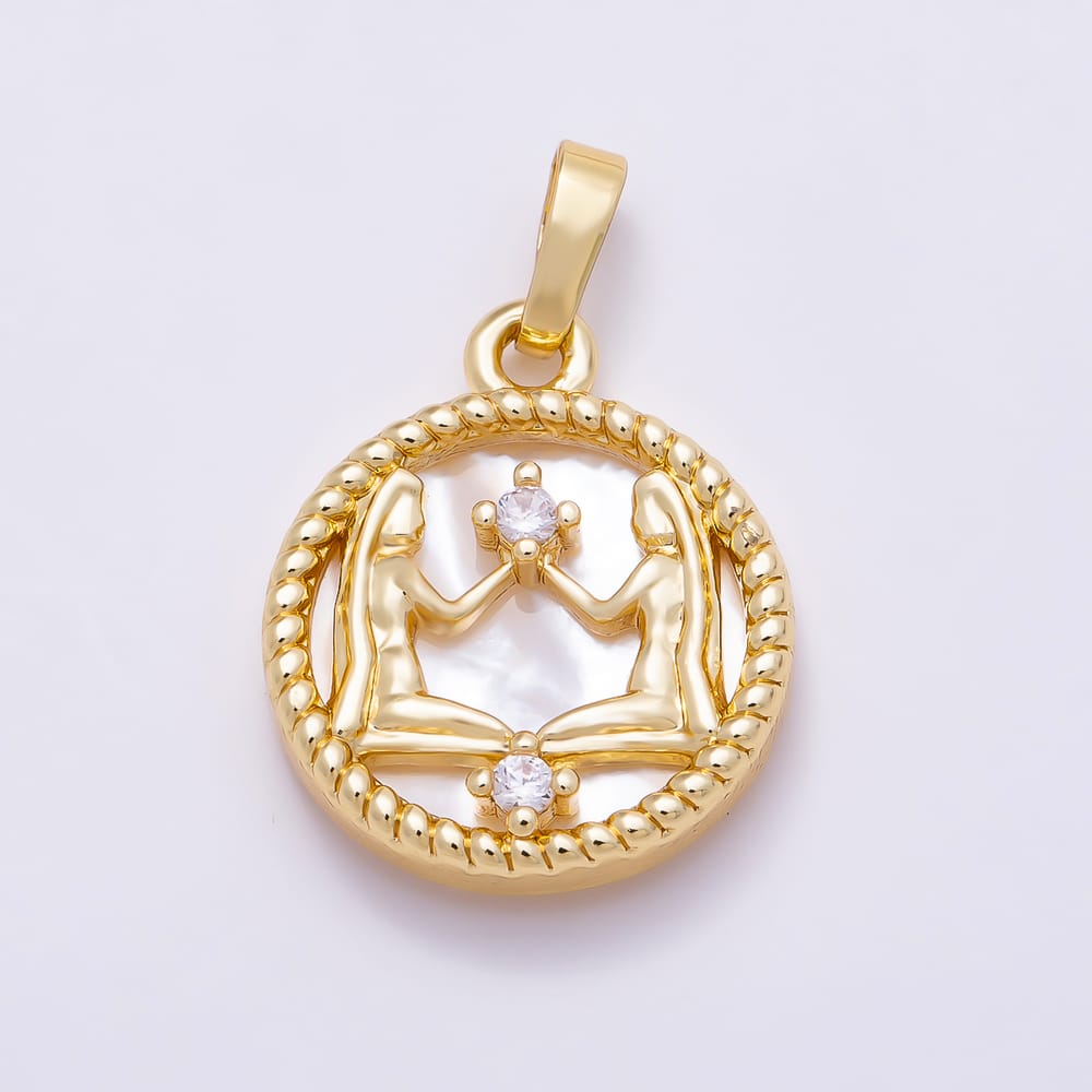 16K Gold Filled 19mm Clear CZ Mother of Pearl 12 Zodiac Sign Medallion Pendant | Charms-02079 - Charms-