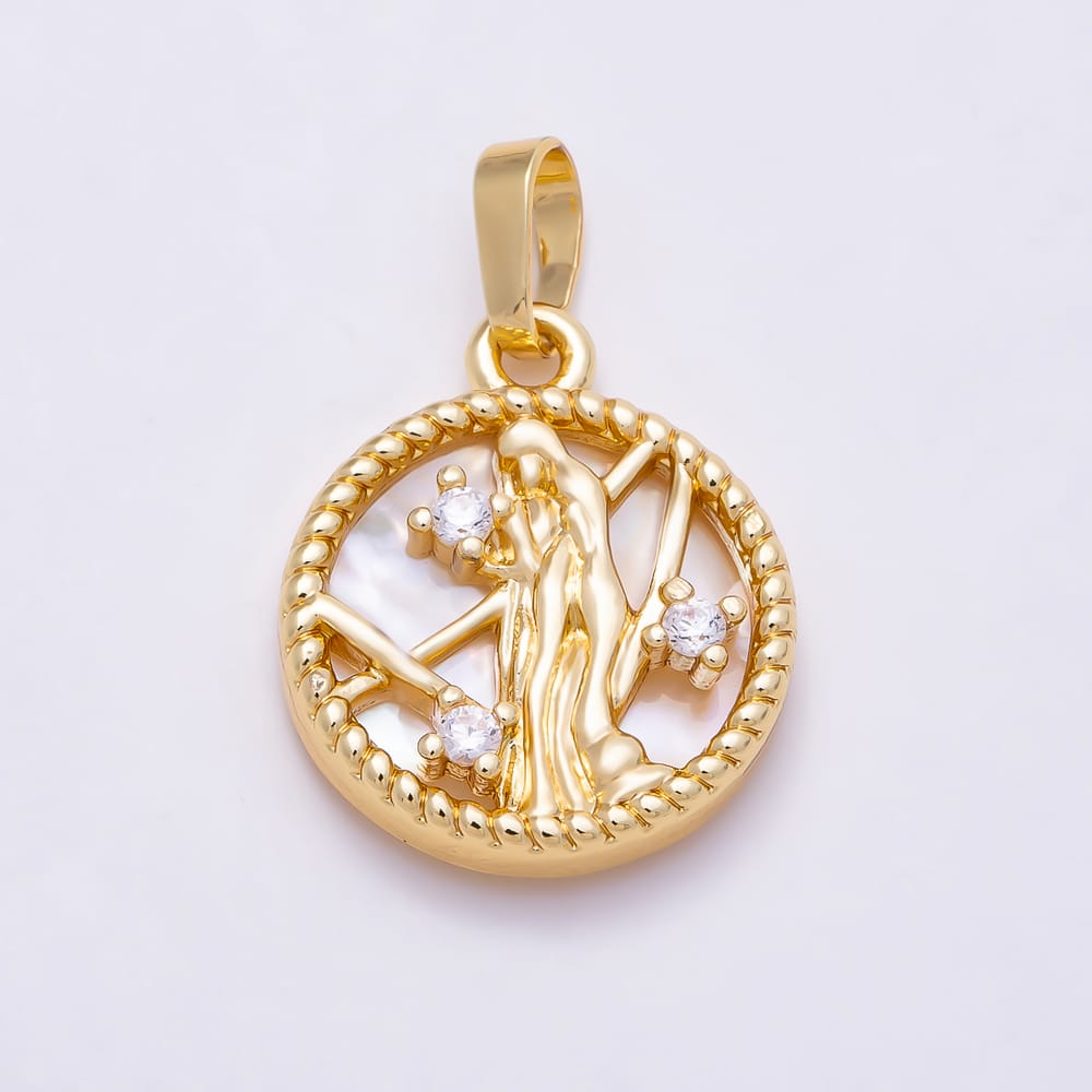 16K Gold Filled 19mm Clear CZ Mother of Pearl 12 Zodiac Sign Medallion Pendant | Charms-02079 - Charms-