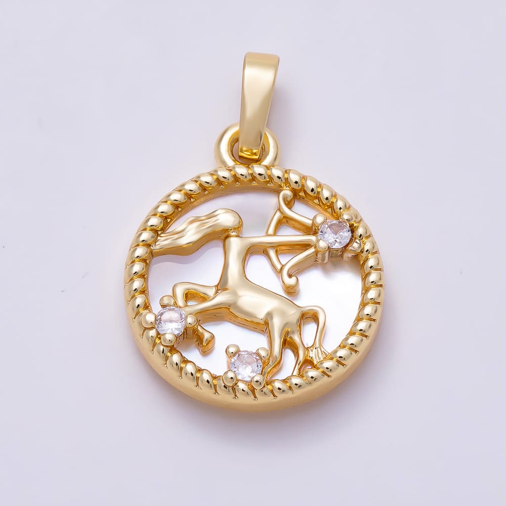 16K Gold Filled 19mm Clear CZ Mother of Pearl 12 Zodiac Sign Medallion Pendant | Charms-02079 - Charms-
