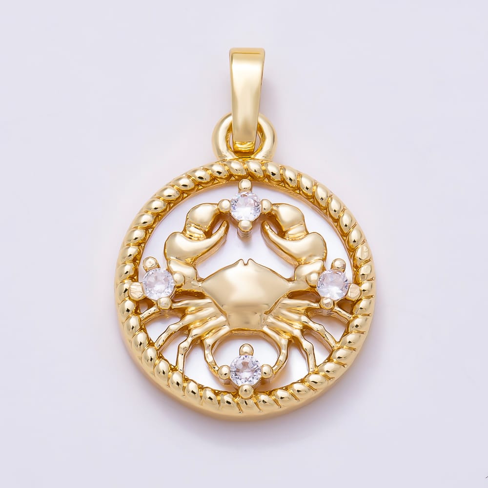16K Gold Filled 19mm Clear CZ Mother of Pearl 12 Zodiac Sign Medallion Pendant | Charms-02079 - Charms-