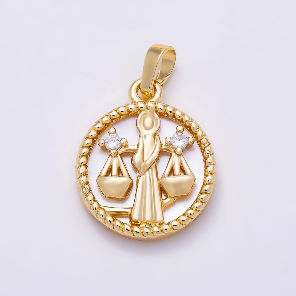 16K Gold Filled 19mm Clear CZ Mother of Pearl 12 Zodiac Sign Medallion Pendant | Charms-02079 - Charms-