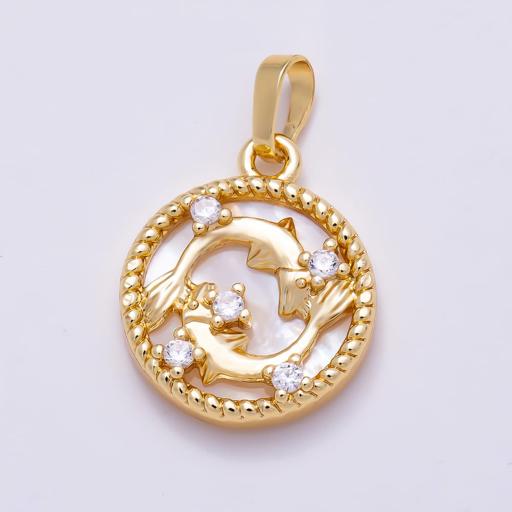 16K Gold Filled 19mm Clear CZ Mother of Pearl 12 Zodiac Sign Medallion Pendant | Charms-02079 - Charms-