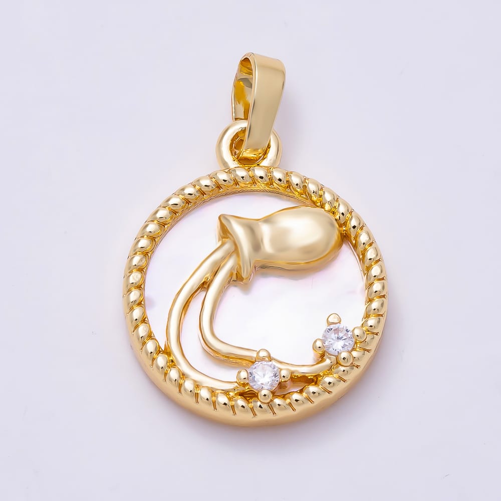 16K Gold Filled 19mm Clear CZ Mother of Pearl 12 Zodiac Sign Medallion Pendant | Charms-02079 - Charms-