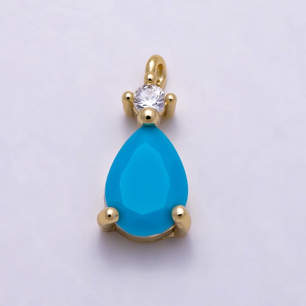 16K Gold Filled 12mm Pear Cut Turquoise Teardrop Clear CZ Accent Pendant | Charms-02109 - Charms-02110