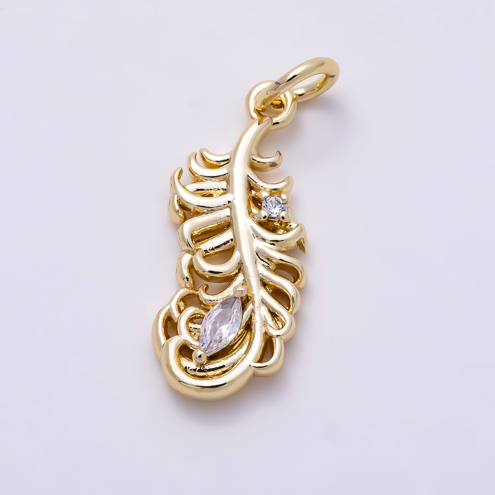 16K Gold Filled 19mm Clear CZ Curved Feather Marquise Charm | Charms-02115 - Charms-02116