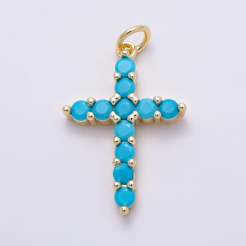 16K Gold Filled 24mm Blue Turquoise CZ Beaded Cabochon Cross Religious Charm | Charms-02121 - Charms-02122