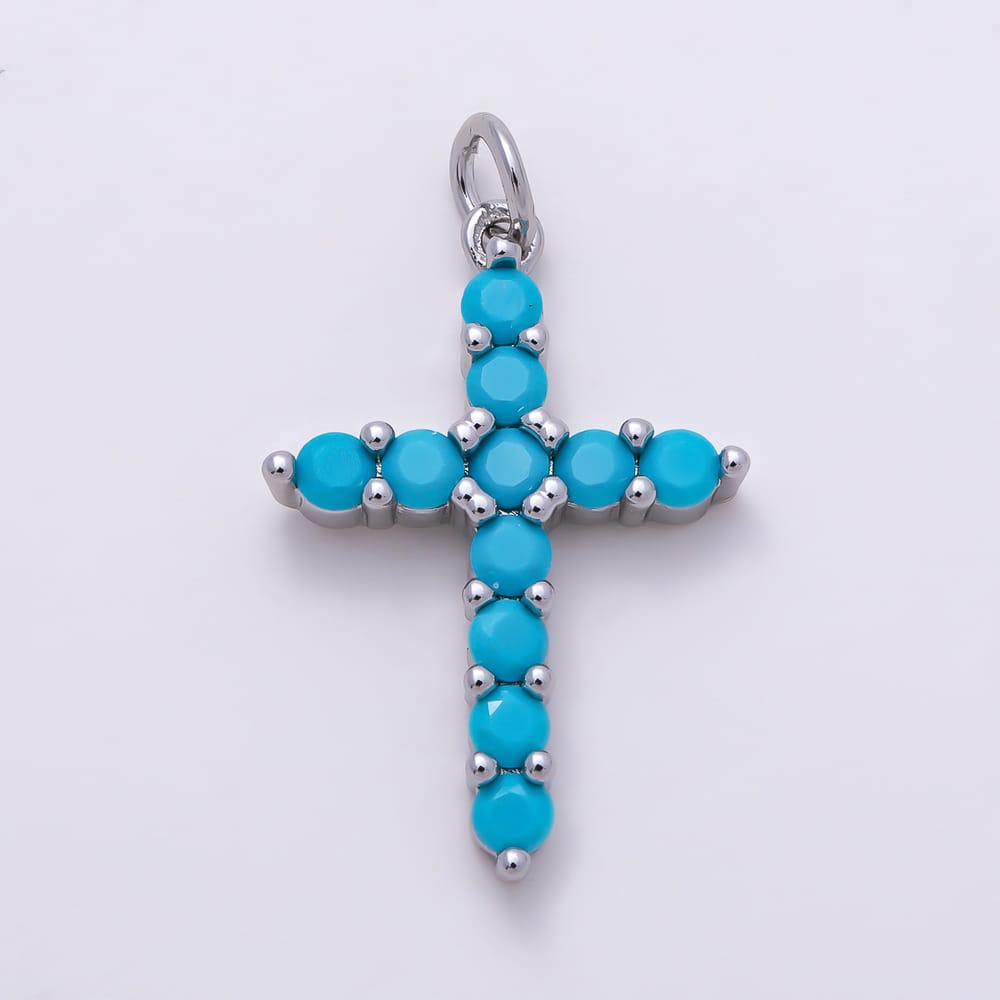 16K Gold Filled 24mm Blue Turquoise CZ Beaded Cabochon Cross Religious Charm | Charms-02121 - Charms-02122