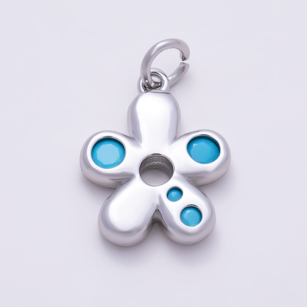 16K Gold Filled 16mm Clear and Turquoise Beaded CZ Minimalist Puffed Flower Charm | Charms-02123 - Charms-02126