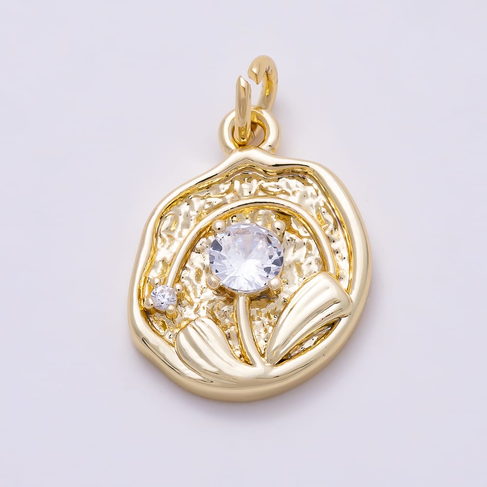 16K Gold Filled 16mm Clear CZ Irregular Hammered Coin Flower Charm | Charms-02133