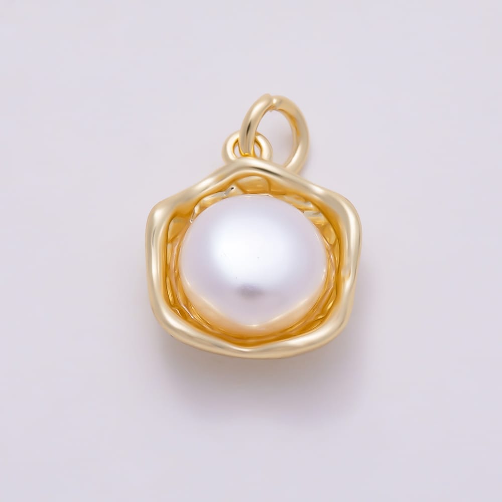 16K Gold Filled 14mm Shell Pearl Irregular Molten Bezel Round Charm in Gold & Silver | Charms-02136 Charms-02137