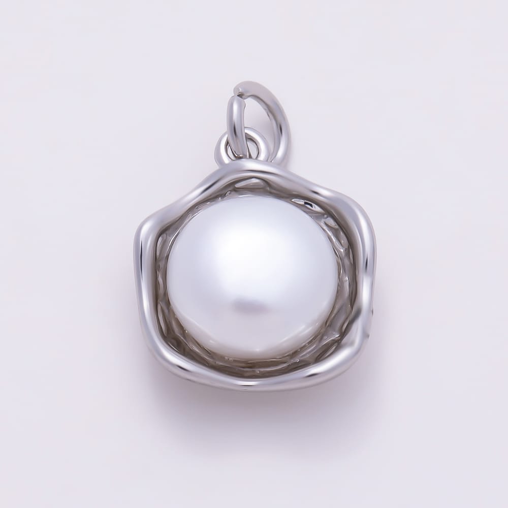 16K Gold Filled 14mm Shell Pearl Irregular Molten Bezel Round Charm in Gold & Silver | Charms-02136 Charms-02137