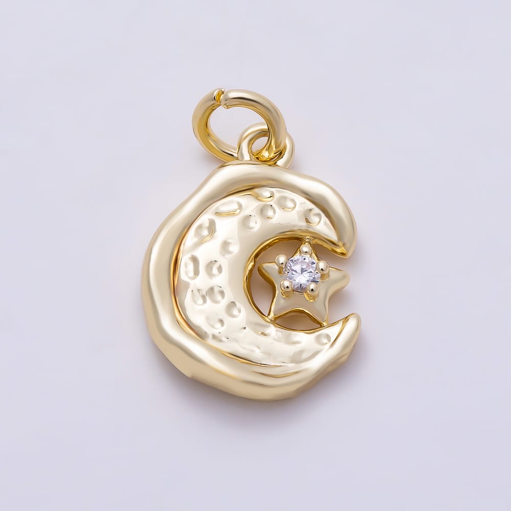16K Gold Filled 15mm Clear CZ Hammered Crescent Moon & Star Pendant Charm | Charms-02140 - Charms-02141