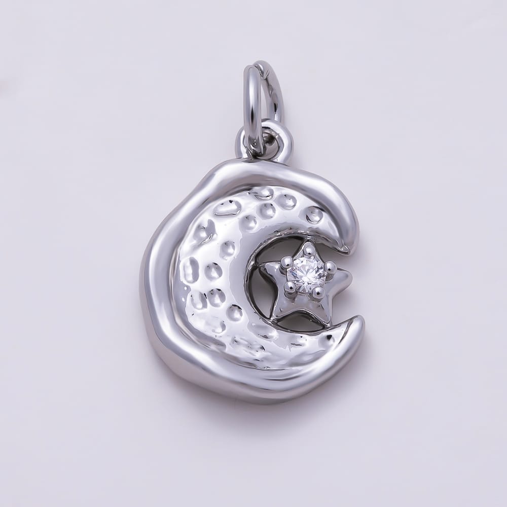 16K Gold Filled 15mm Clear CZ Hammered Crescent Moon & Star Pendant Charm | Charms-02140 - Charms-02141