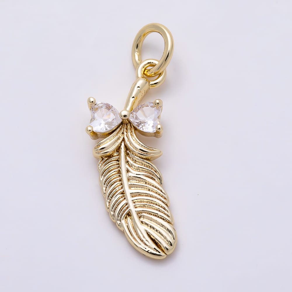 16K Gold Filled 19mm Double Heart Clear CZ Textured Feather Bow Charm | Charms-02144 - Charms-02145