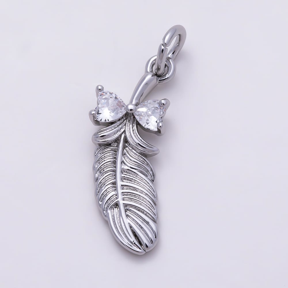 16K Gold Filled 19mm Double Heart Clear CZ Textured Feather Bow Charm | Charms-02144 - Charms-02145