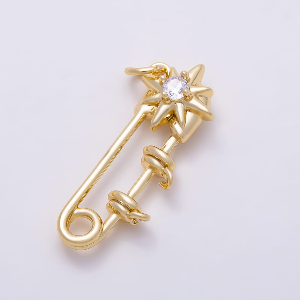 16K Gold Filled 27mm North Star Clear CZ Safety Pin Charm | Charms-02150