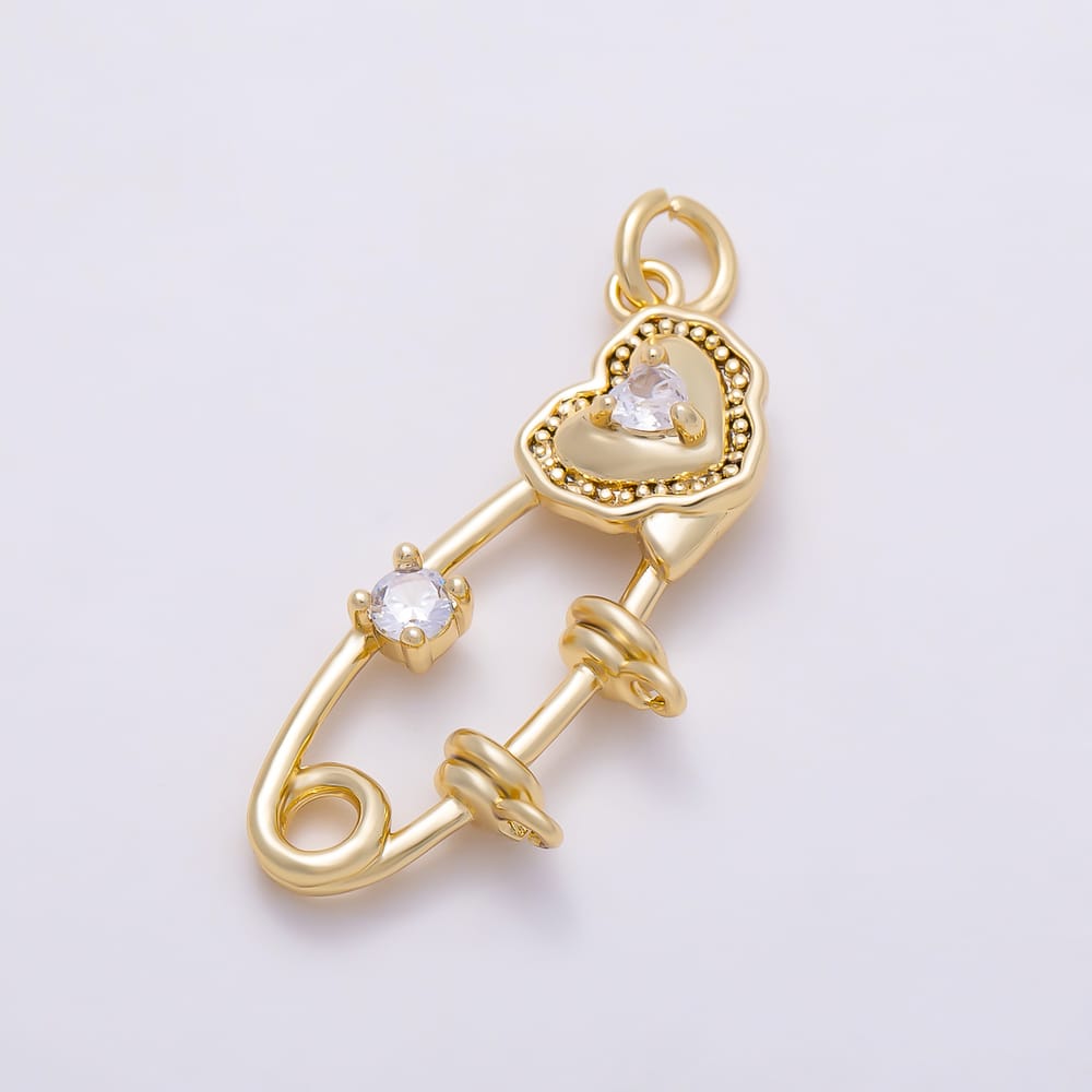 16K Gold Filled 28mm Double Clear CZ Molten Heart Safety Pin Charm | Charms-02151