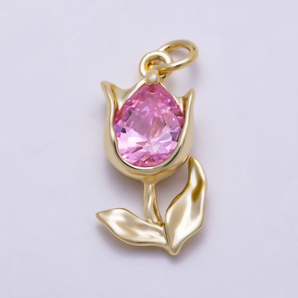 16K Gold Filled 21mm Colorful Pear Cut CZ Tulip Flower Charm | Charms-02159 - Charms-02161