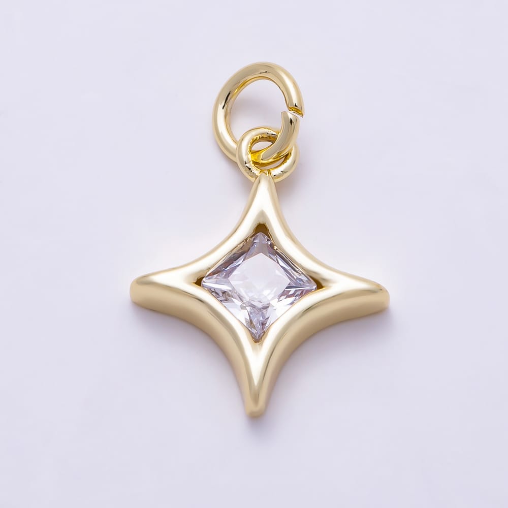 16K Gold Filled 15mm 4-Point Starburst Princess Cut Clear CZ Charm | Charms-02162