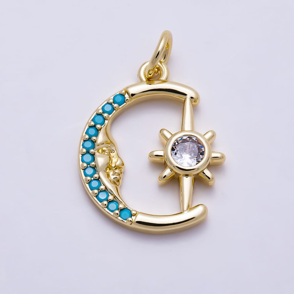 16K Gold Filled 18mm Turquoise CZ Celestial Crescent Moon & Starburst Charm | Charms-02165