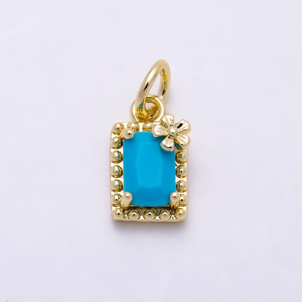 16K Gold Filled 11mm Rectangular Turquoise Cut CZ Beaded Floral Accent Charm | Charms-02168