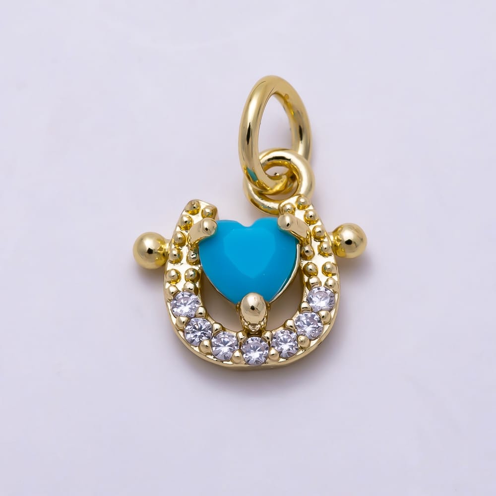 16K Gold Filled 10mm Heart Turquoise Micro Paved CZ Lucky Horseshoe Charm | Charms-02169