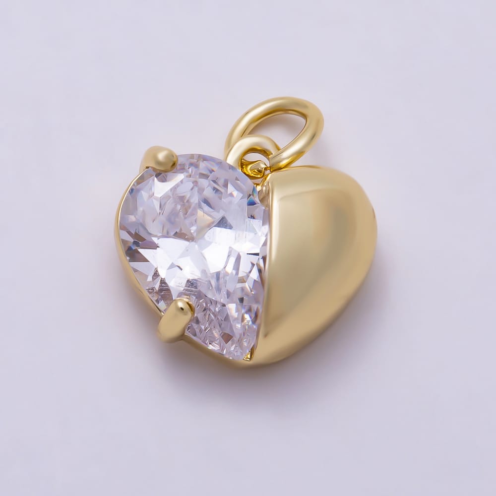 16K Gold Filled 12mm Puffed Gold & Heart Cut Clear CZ Charm | Charms-02170