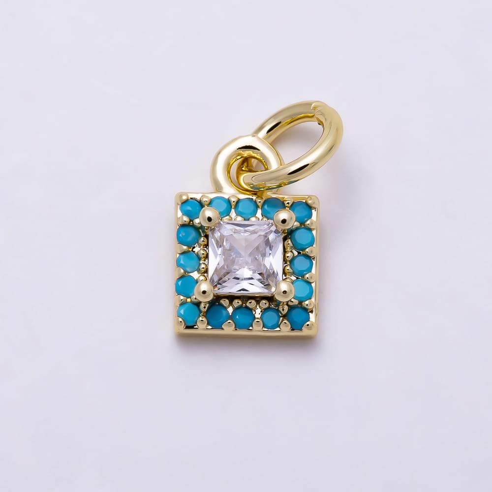 16K Gold Filled 11mm Princess Cut Clear CZ Turquoise Beaded Square Charm | Charms-02171