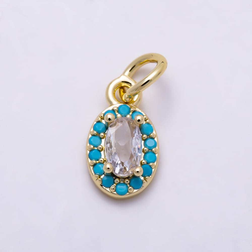 16K Gold Filled 11mm Oval Clear CZ Turquoise Beaded Halo Charm | Charms-02172