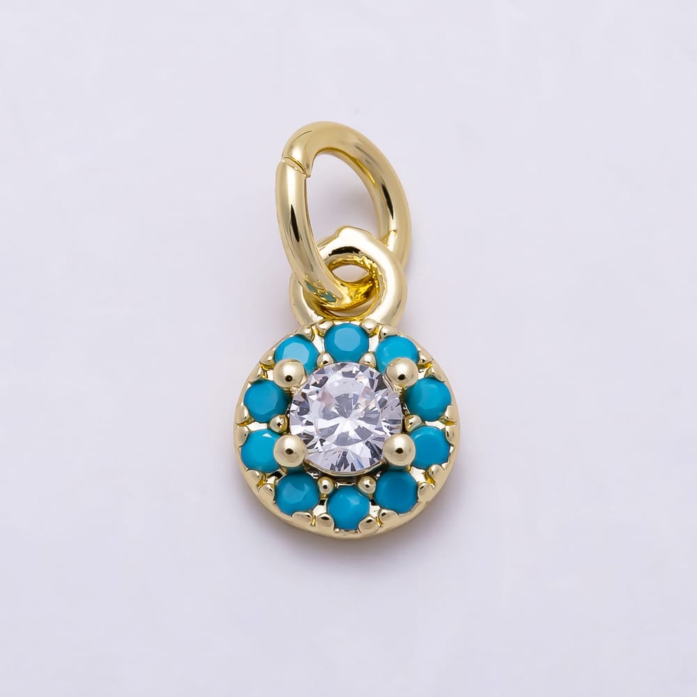 16K Gold Filled 8mm Clear Round CZ Turquoise Circle Charm | Charms-02175