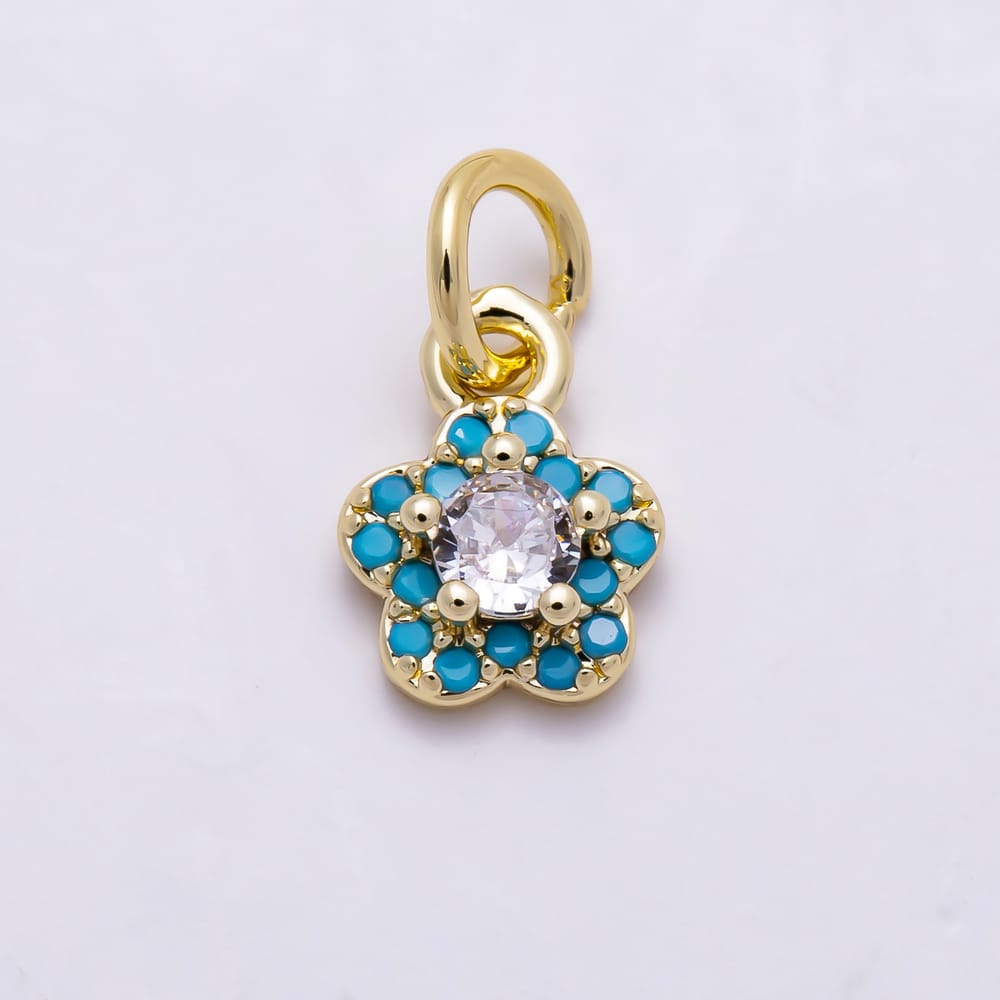 16K Gold Filled 9mm Clear Round CZ Turquoise 5-Petal Flower Charm | Charms-02176